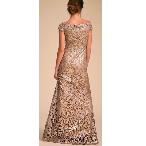 Tadashi Shoji x BHLDN Odette 4 & 10 Gold Green Sequin Lace Maxi Gown - Picture 3 of 13